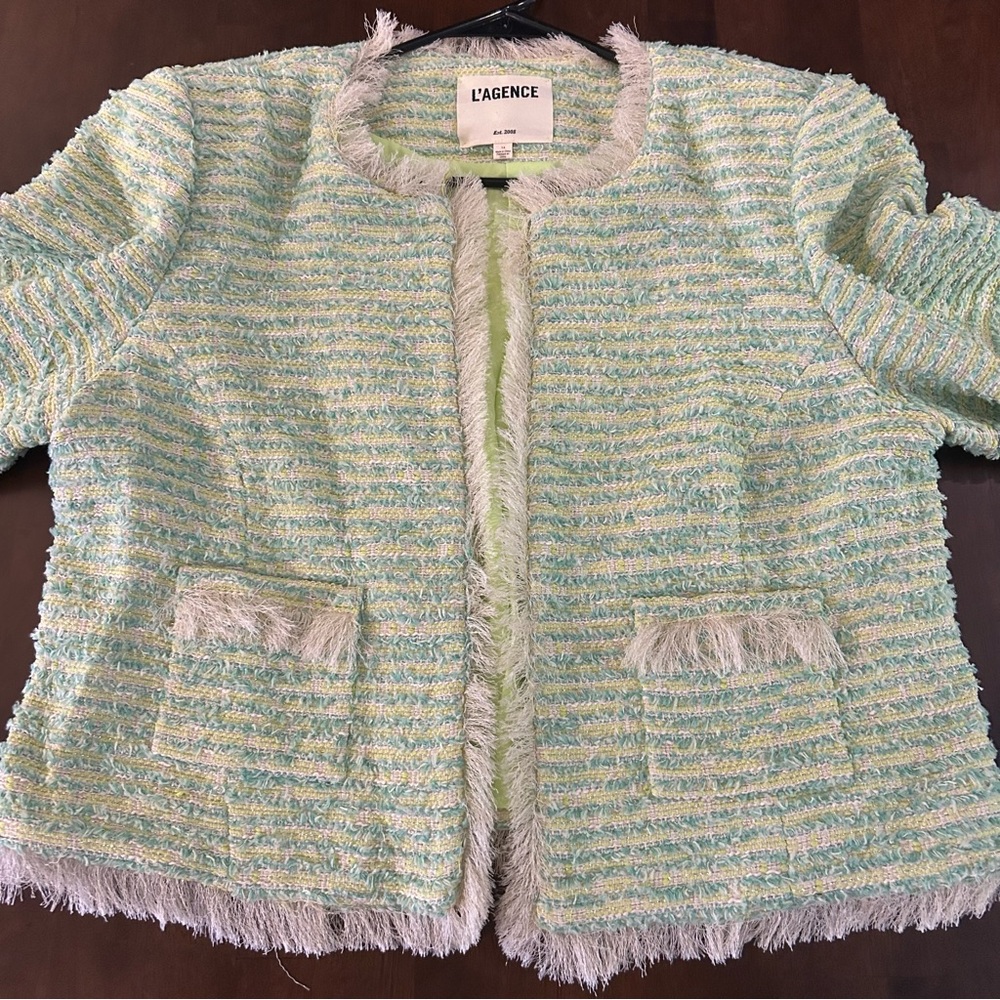 L'AGENCE Angelina Fray Tweed Jacket Open Front Blazer in Light Green Size 14 - Picture 6 of 16